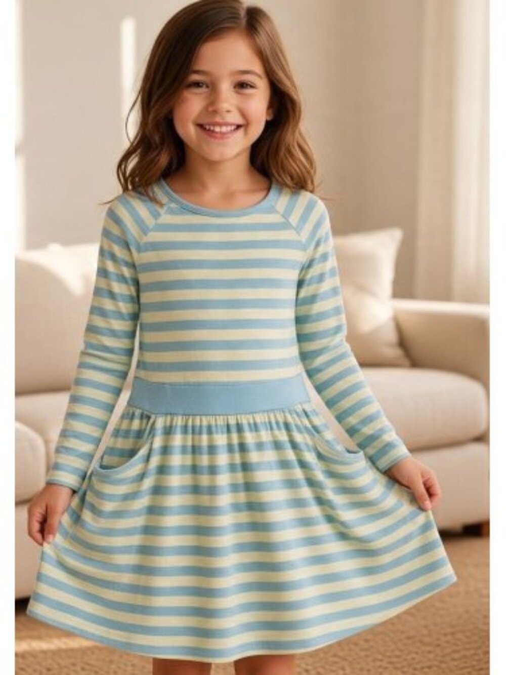 CIRCO Green and Blue Striped Long Sleeved Dress Girls Size 7-8 Pockets